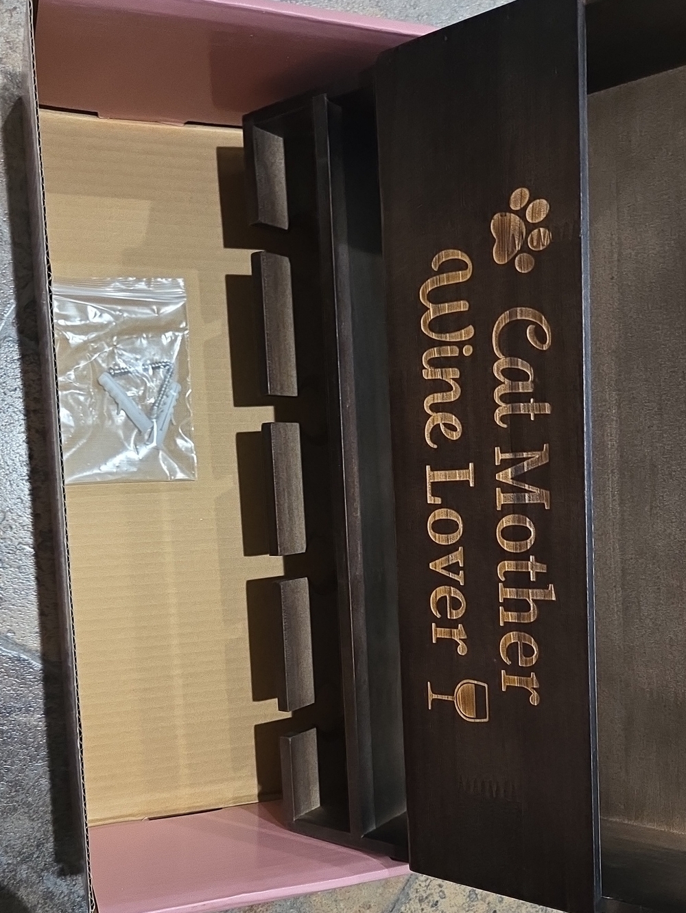 Wooden 'Cat Mother Wine Lover' Wall Wine Rack - Dark Brown